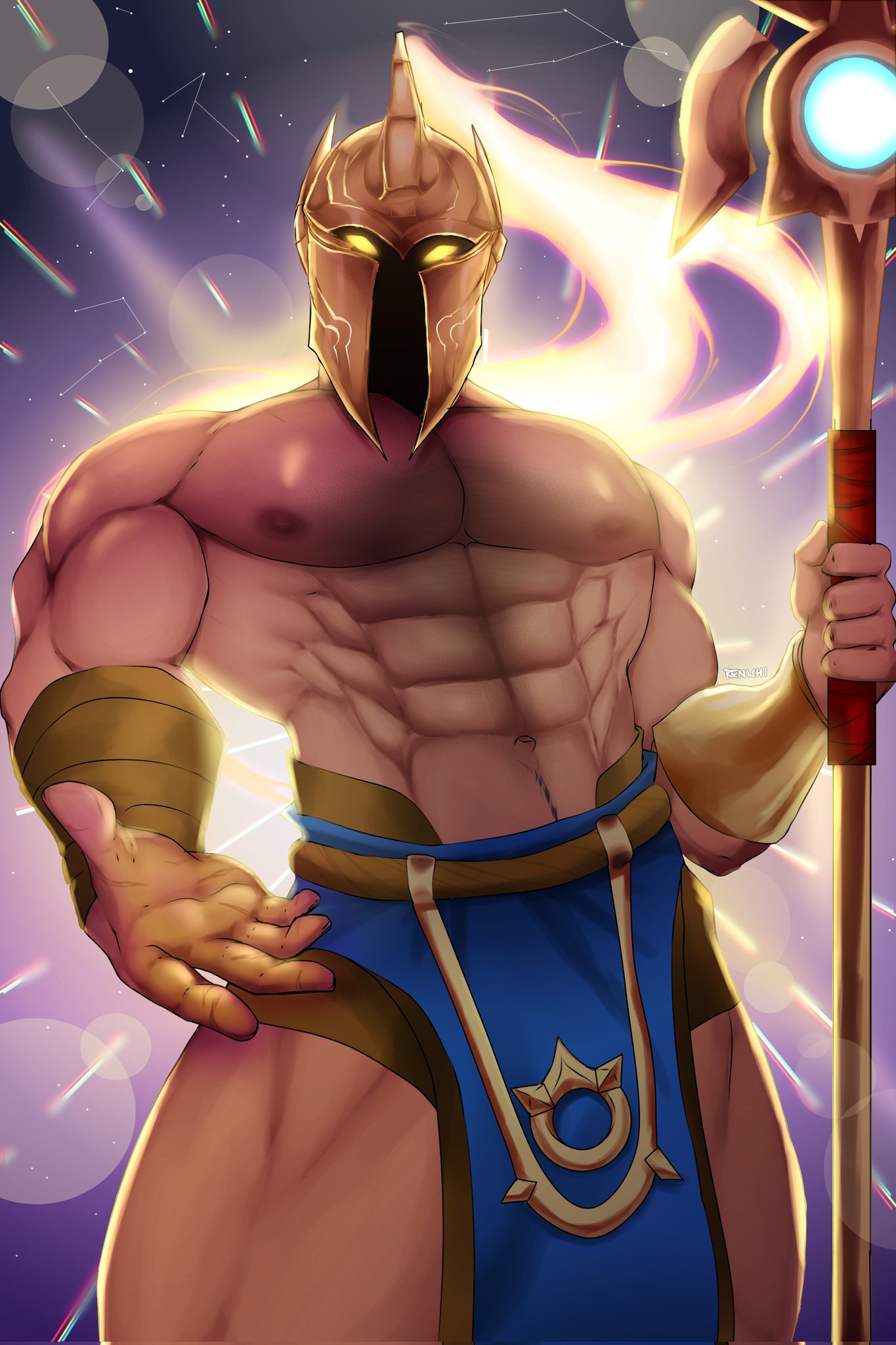 armor bara biceps bottomwear forearms gay glowing glowing_eyes helmet league_of_legends male male_only manly muscle muscles muscular_male nipples pantheon pecs shirtless spear stars