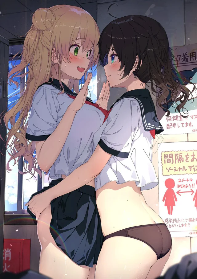 2girls ass_grab butt_grab hololive hololive_gen_1 hololive_gen_5 hololive_japan imminent_rape imminent_sex imminent_yuri implied_lesbian implied_yuri light-skinned_female light_skin momosuzu_nene multiple_girls natsuiro_matsuri school_uniform schoolgirl sy4may0 virtual_youtuber yuri