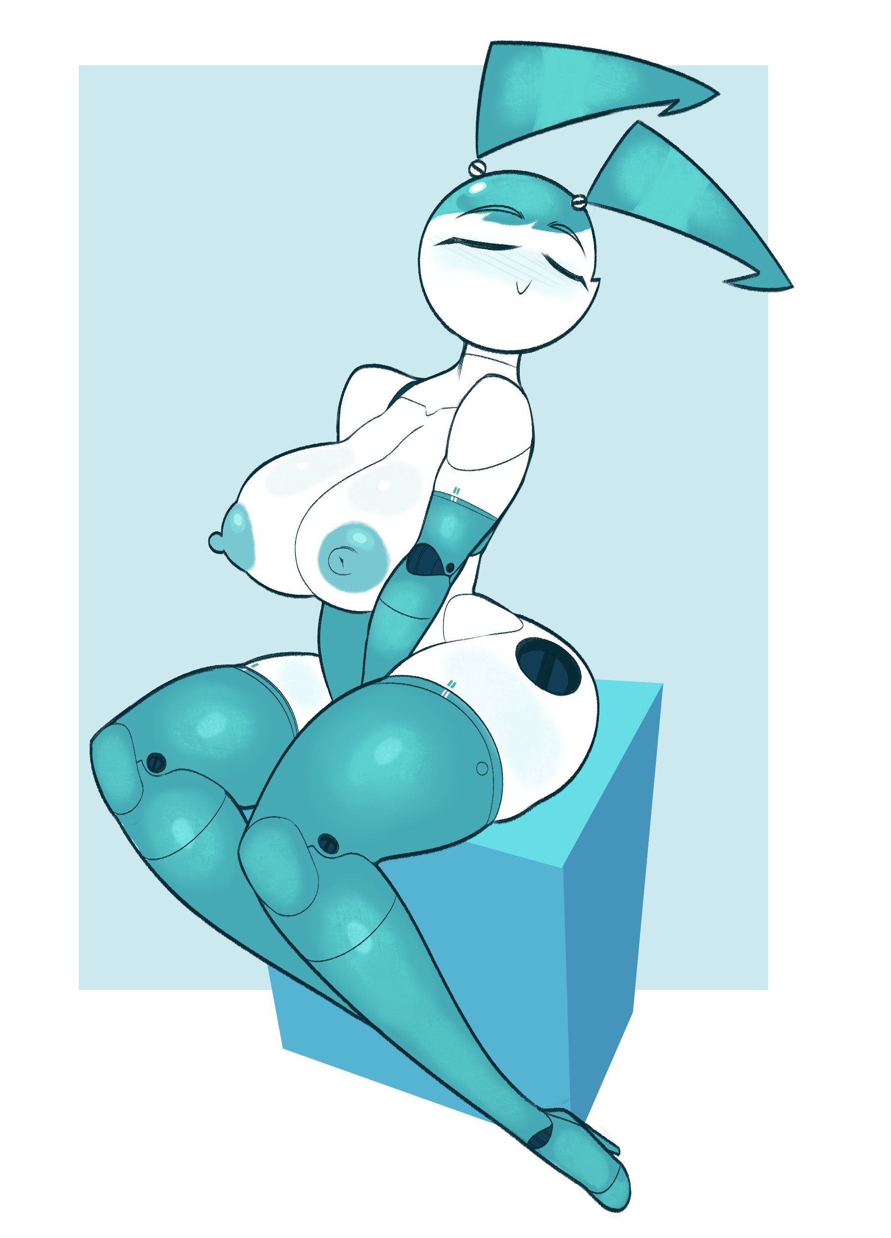 1girls, armwear, big breasts, blush, breasts, exposed torso, female, jenny wakeman, legwear, my life as a teenage robot, nickelodeon, nipples, nude, robot, robot girl, sitting, solo, solo female, thick thighs, xj-9, zetaskully