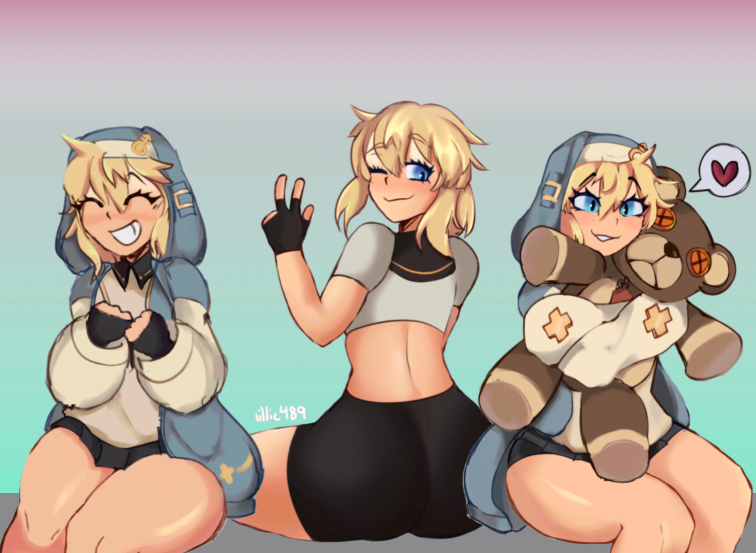 1boy, bare back, blonde hair, blue eyes, blush, bridget, canon crossdressing, edit, edited, femboy, feminine male, fingerless gloves, girly, guilty gear, guilty gear strive, hoodie, male, male focus, male only, millie489, nun's habit, piece sign, sfw, short hair, shoulder length hair, smile, smiling, spats, teddy bear, thick thighs, thighs, trap, wholesome, wide hips, wide sleeves, wide thighs