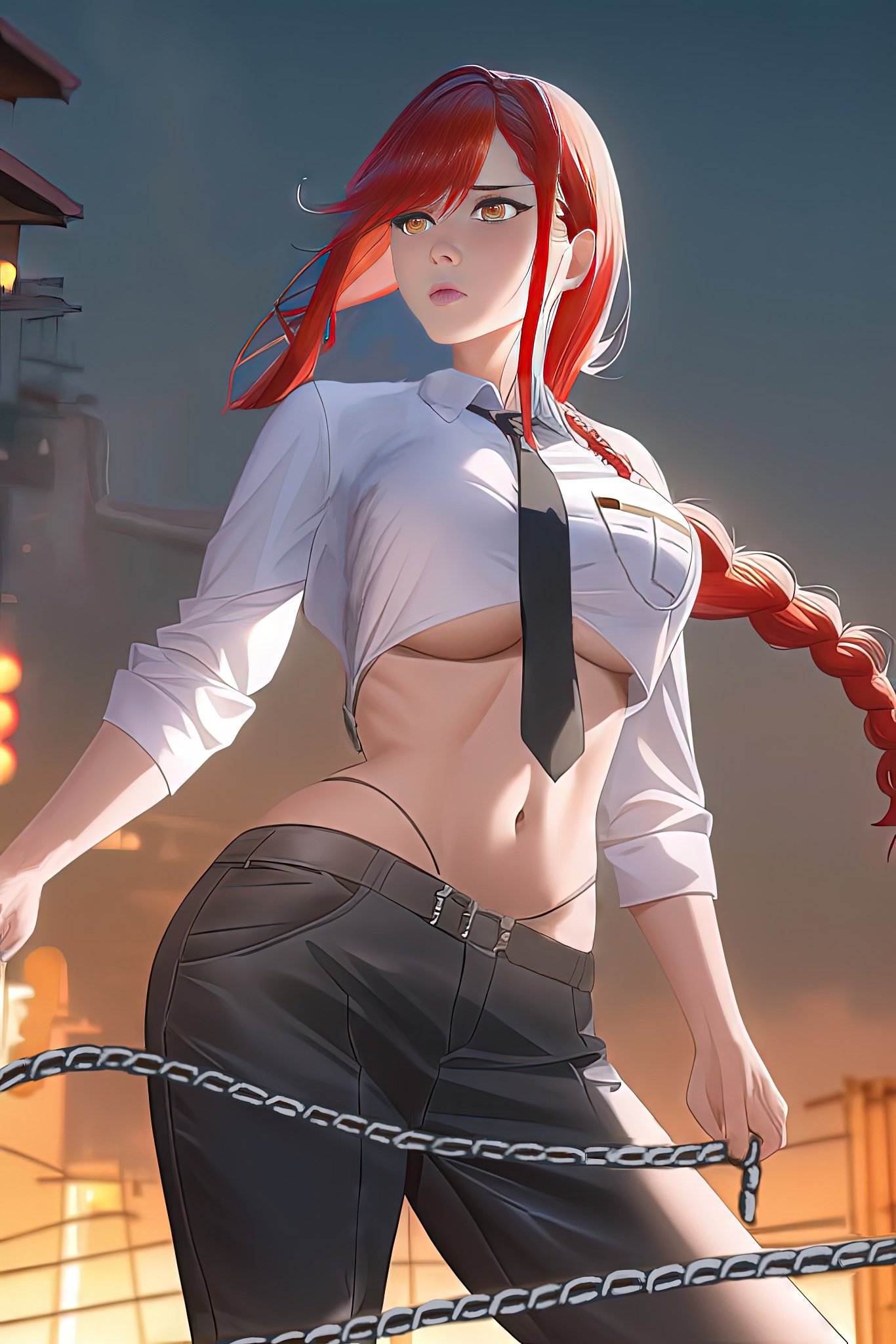 1girls, ai generated, big breasts, breasts, bulging breasts, chainsaw man, dominant female, female, female only, long hair, looking at viewer, makima (chainsaw man), nai diffusion, office lady, red hair, solo, solo female, stable diffusion