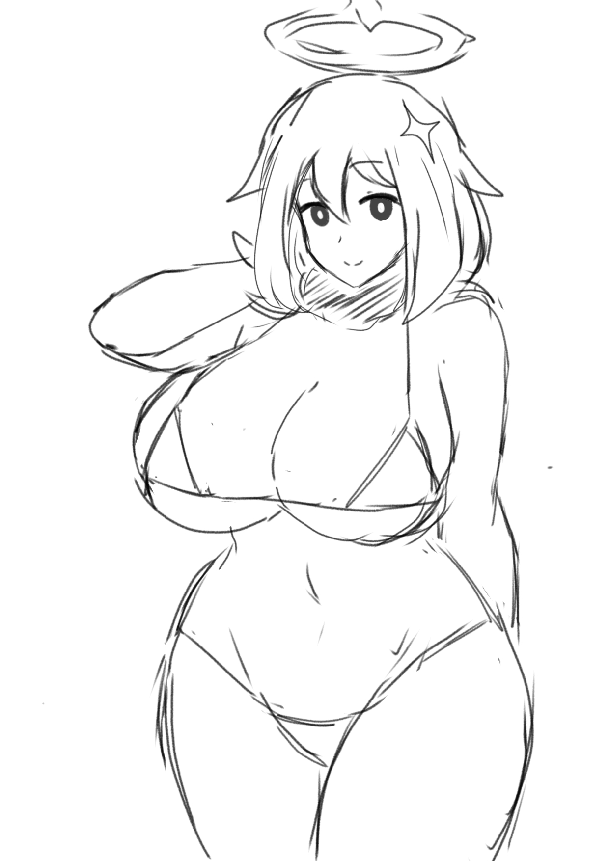 1girls, alternate breast size, big breasts, bikini, breasts, busty, cleavage, female, female only, genshin impact, huge breasts, large breasts, momiji (artist), navel, paimon (genshin impact), sketch, solo, solo female, swimsuit, thick thighs, thighs, voluptuous, white hair
