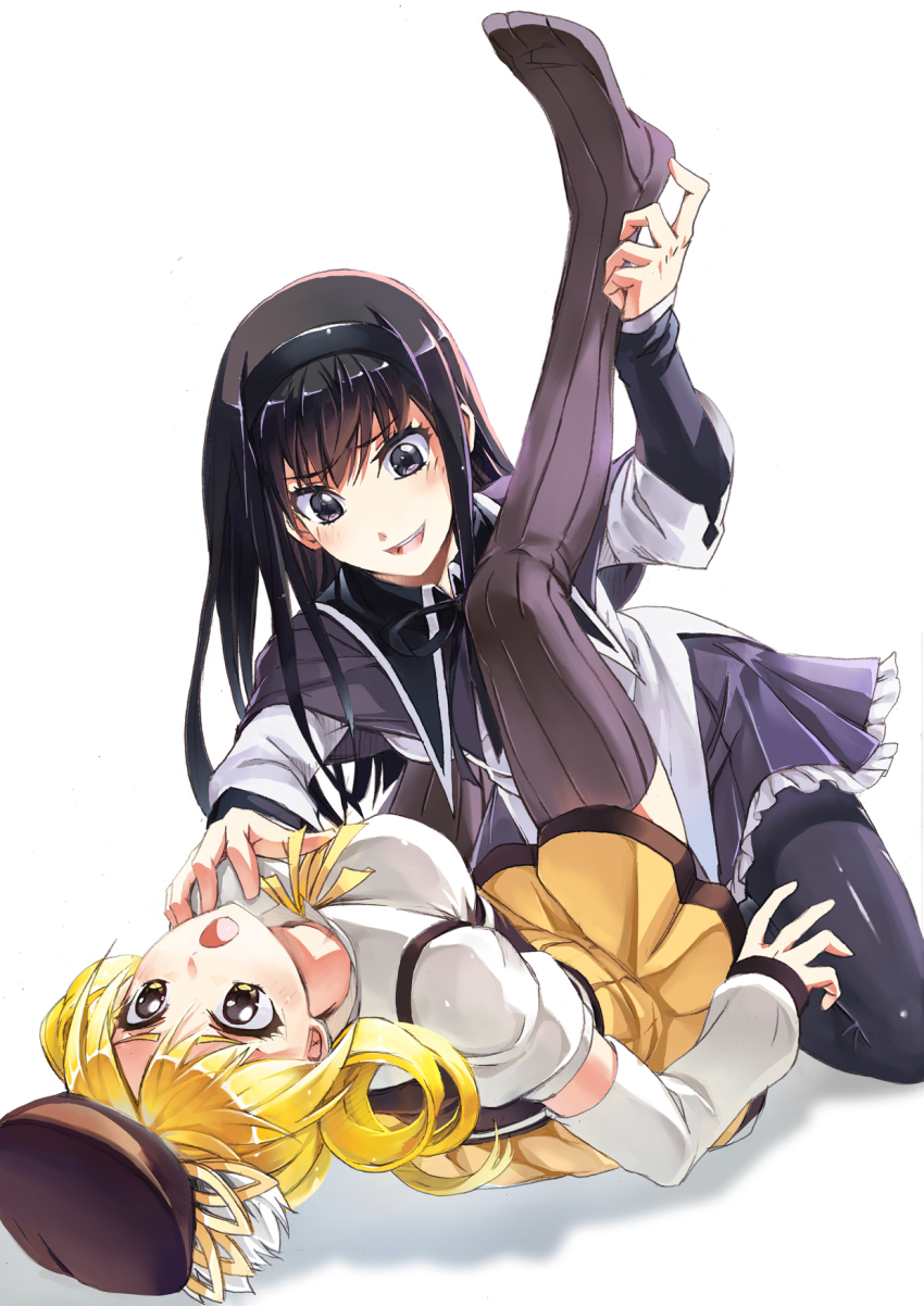 10s 2girls akemi_homura black_eyes black_hair blonde_hair breast_grab breasts feet feet_grab foot_fetish foot_grab foot_tickling grabbing highres human leg_grab legs long_hair magical_girl mahou_shoujo_madoka_magica multiple_girls no_shoes pantyhose simple_background skirt streamingsun thighhighs tomoe_mami white_background young younger_female yuri