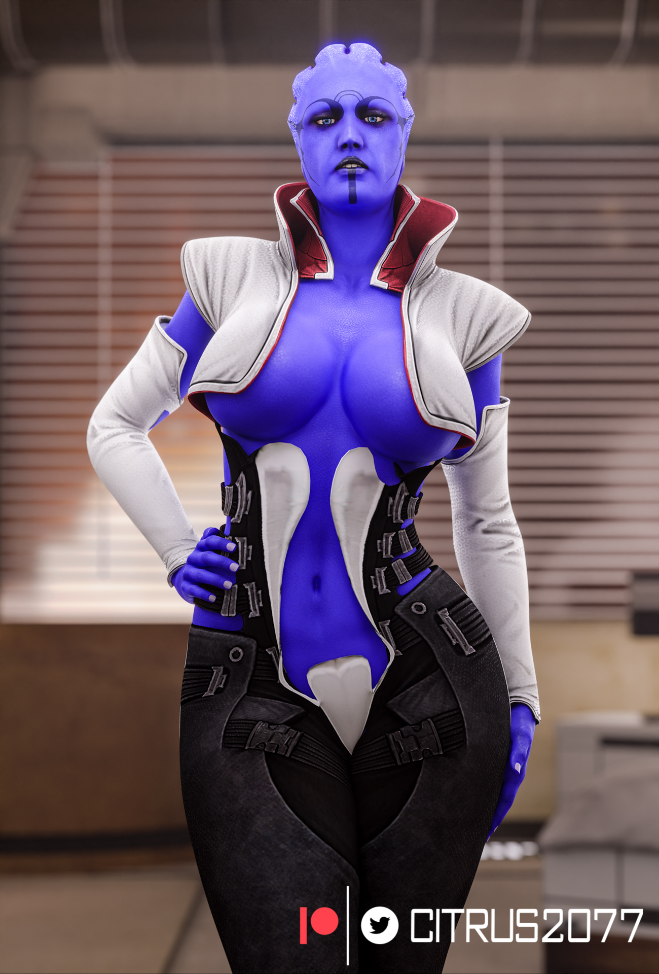 1girls, 3d, 3d (artwork), alien, alien girl, aria t'loak, asari, blender, blender (software), blue eyes, blue skin, citrus2077, curvaceous, curvy, curvy body, curvy female, curvy figure, electronic arts, female, female focus, female only, mass effect, no humans, pinup, pinup pose, pose, solo, tagme