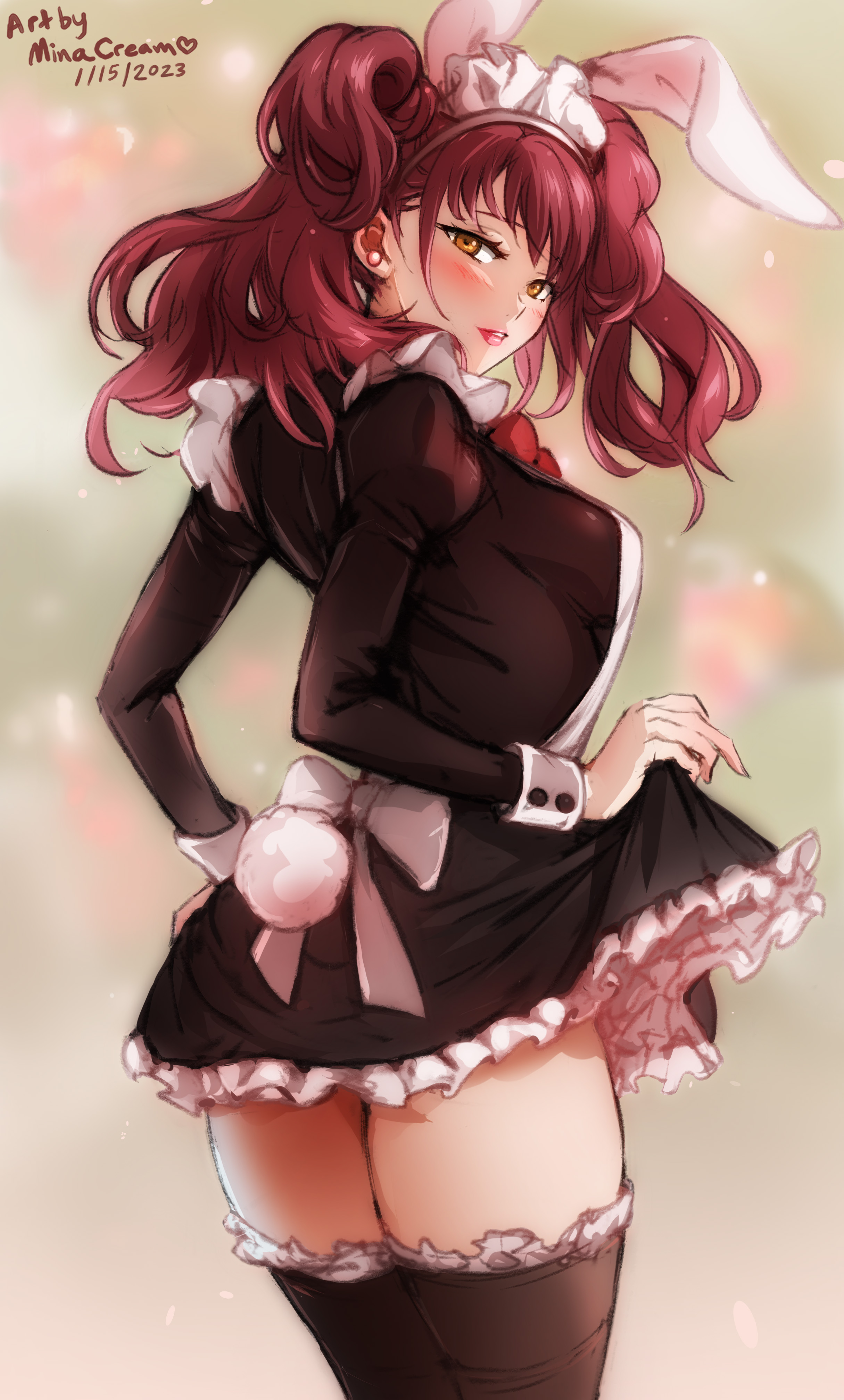 1girls, 2020s, 2023, blush, brown hair, bunny ears, bunny tail, female, female only, highres, kujikawa rise, legwear, looking at viewer, looking back, maid, maid headdress, maid uniform, minacream, persona, persona 4, skirt lift, solo, thighhighs, thighs, twintails