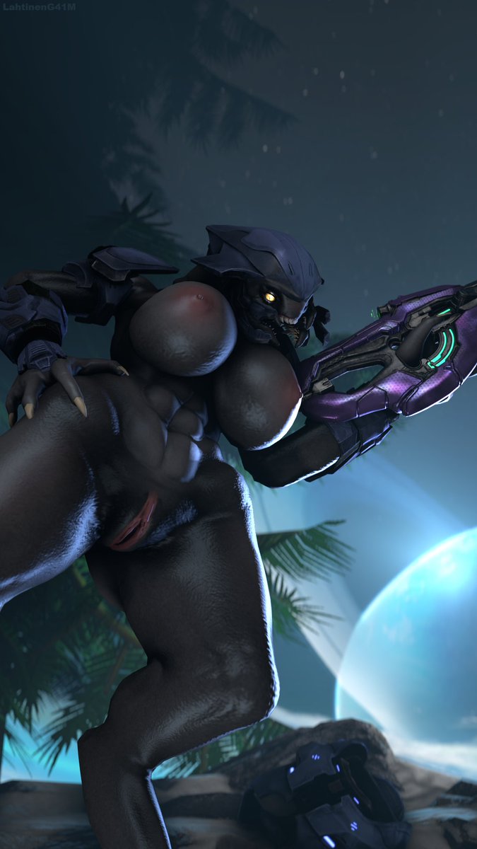 1girls, 3d, alien, alien girl, big breasts, breasts, female, female only, female sangheili, halo (series), helmet, lahtinen (artist), nude, sangheili, solo, solo female