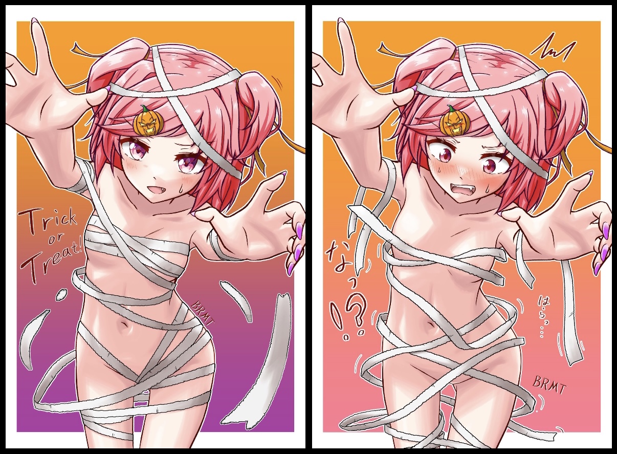 1girls, almost naked, bandage, bandages, blush, breasts, brolymatsumoto (artist), clothes falling off, collarbone, cowboy shot, doki doki literature club, embarrassed, embarrassed female, embarrassed naked female, embarrassed nude female, enf, female, female focus, female only, fingernails, hair ornament, mummy costume, mummy wrappings, nail polish, naked, naked female, natsuki (doki doki literature club), navel, navel line, nude, nude female, nudist, petite, petite body, pink eyes, pink hair, pink nails, small breasts, sweat, sweatdrop, thigh gap, thighs, wardrobe malfunction