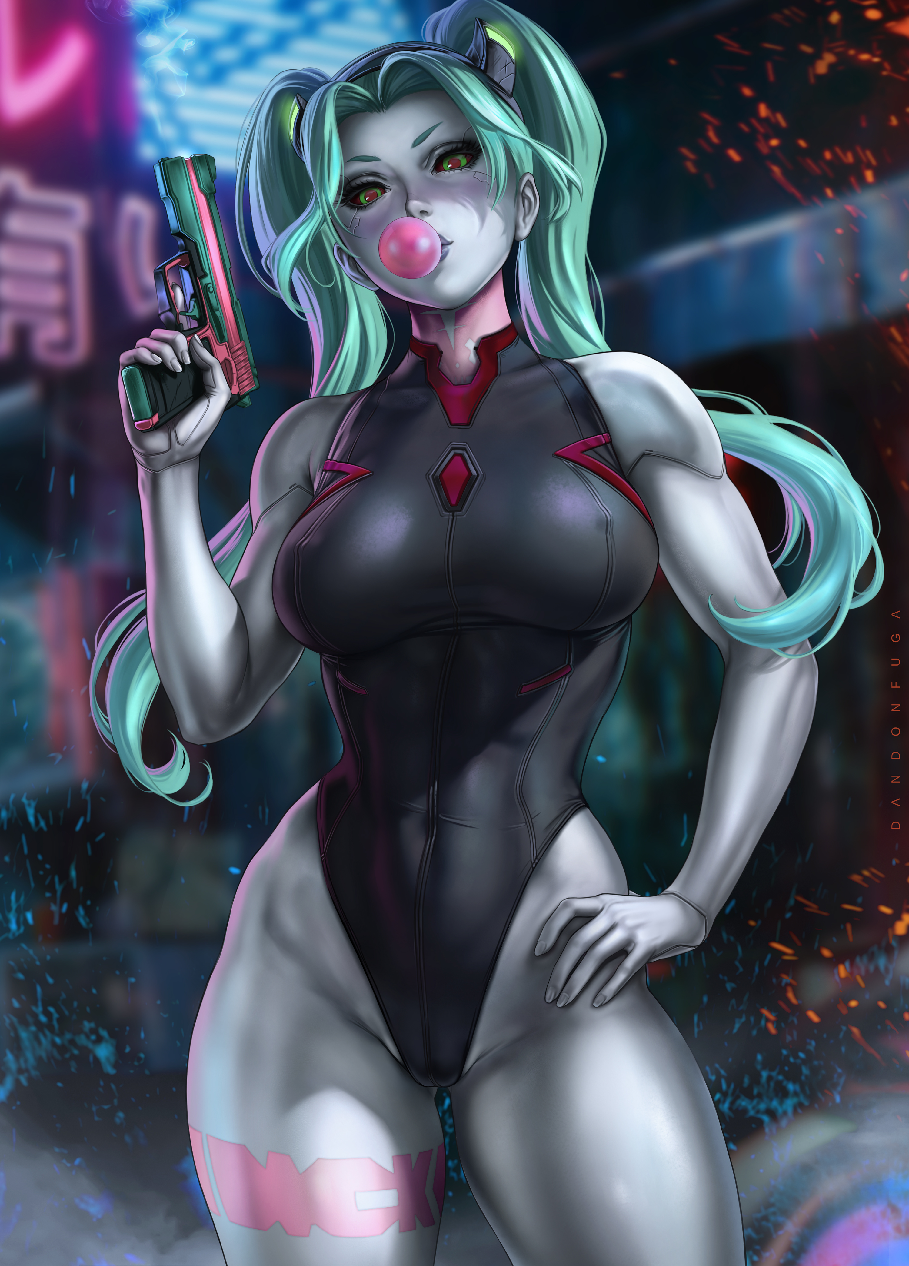 1girls, aged up, alternate breast size, big breasts, blue hair, breasts, bubble gum, casual, clothing, curvaceous, cyberpunk, cyberpunk: edgerunners, dandon fuga, female, female only, firearm, gun, hand on hip, handgun, highres, human, leotard, long hair, looking at viewer, pale skin, rebecca (edgerunners), slim waist, solo, solo female, thick thighs, thunder thighs, twintails, weapon, wide hips