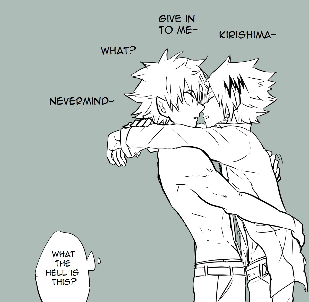 2boys, arms around neck, closed eyes, denki kaminari, eijirou kirishima, english text, face to face, hugging, imminent kiss, male, male only, my hero academia, open shirt, shirtless, spiky hair, standing, text, yaoi