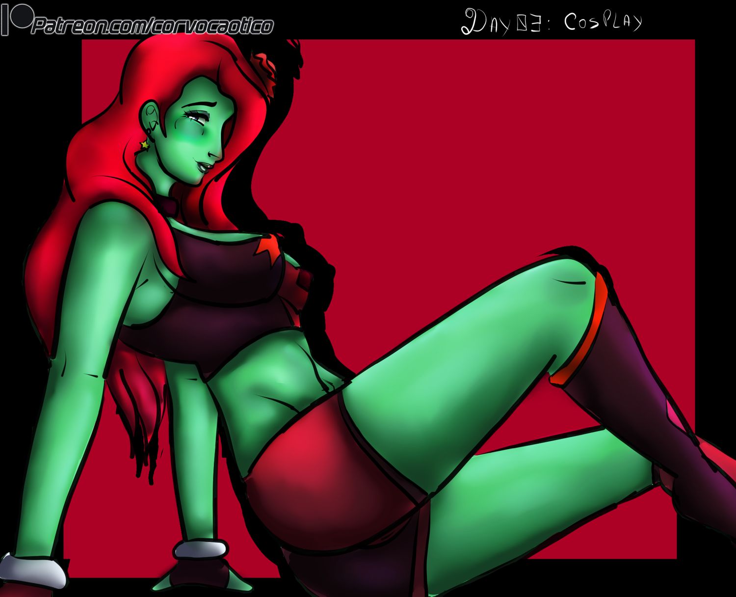 1girls 2d batman_(series) corvo_caotico cosplay dc_comics fingerless_gloves green-skinned_female green_skin harley_quinn kinktober2022 page_3 page_number pamela_isley poison_ivy red_hair shorts side_view