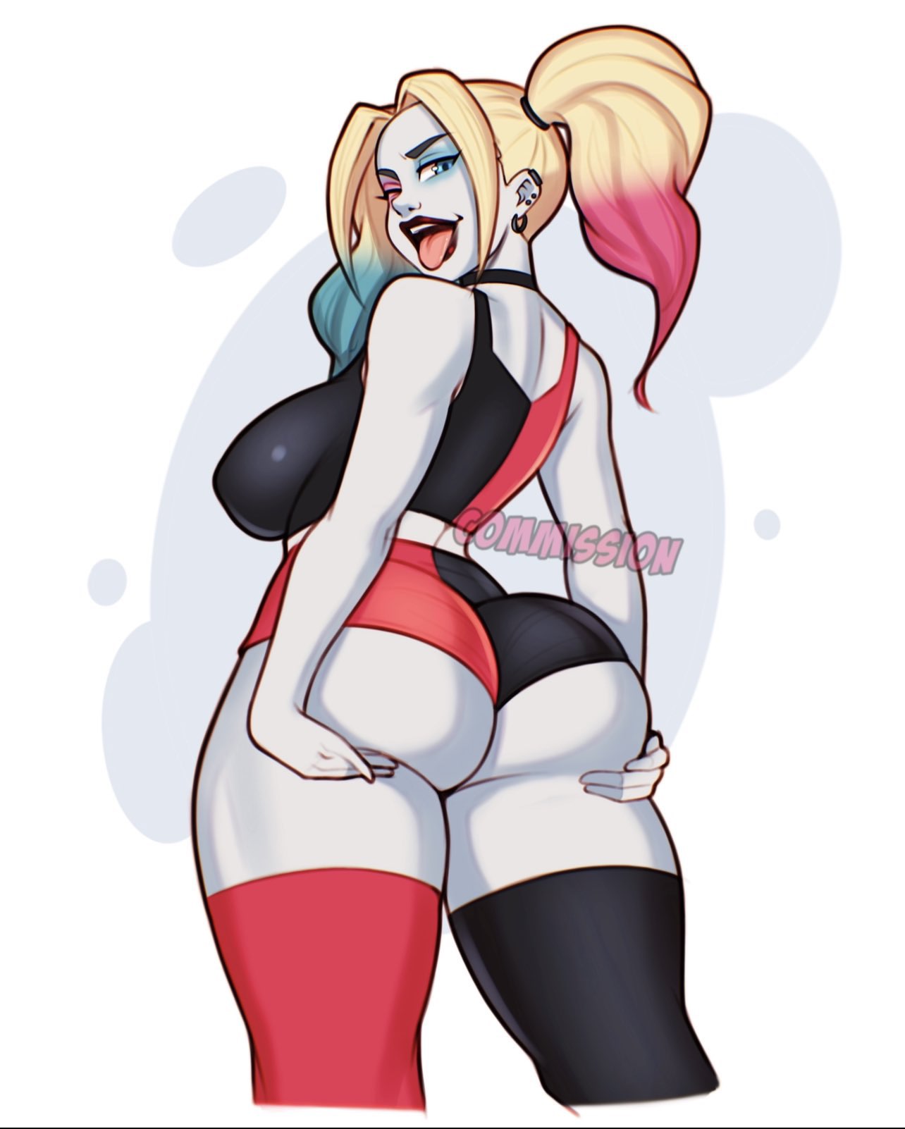1girls, 2022, ass, ass grab, batman (series), big ass, blonde hair, blue eyes, breasts, choker, dc, dc comics, dyed hair, female, female focus, female only, harley quinn, human, jakuson z, multicolored hair, one eye closed, pink hair, red lipstick, shorts, solo, thighhighs, thighs, tongue, tongue out, white background, wink, winking at viewer