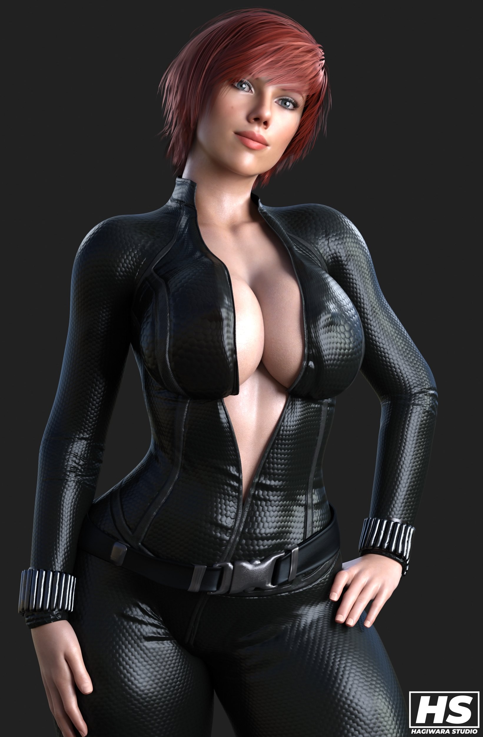 1girls, 3d, alternate hairstyle, ass, avengers, big ass, big breasts, big butt, black widow (marvel), bodysuit, breasts, breasts bigger than head, busty, cleavage, female, female only, fit, fit female, hagiwara studio, hourglass figure, human, human only, large breasts, light skin, light-skinned female, marvel, marvel cinematic universe, marvel comics, natasha romanoff, red hair, scarlett johansson, short hair, solo, solo female, thick, thick ass, thick thighs, unzipped, unzipped bodysuit, voluptuous, wide hips, wristwear, zipper