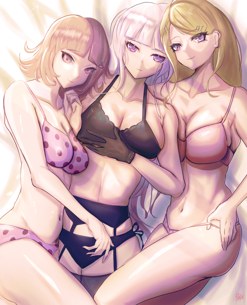 3girls, akamatsu kaede, bed, bra, breasts, cleavage, danganronpa, danganronpa 1, danganronpa 2: goodbye despair, danganronpa v3, danganronpa: trigger happy havoc, female, female only, kirigiri kyouko, large breasts, lingerie, lingerie only, multiple females, multiple girls, nanami chiaki, panties, panties pull, purinnrin, stockings, straight hair, super danganronpa 2, underwear, underwear only