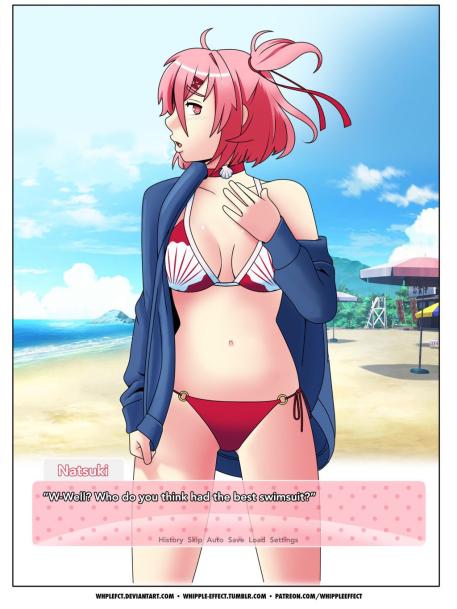 1girls 5_fingers bikini breasts collar ddlc_text_box doki_doki_literature_club english_text female female_only natsuki_(doki_doki_literature_club) pink_eyes pink_hair solo swimsuit text text_box whplefct