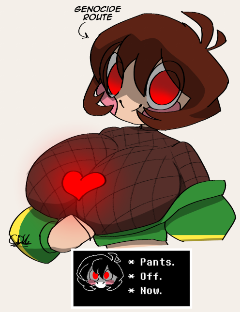 1girls 2d black_clothing blush breasts brown_hair cdk chara crazy crop_top dialogue digital_media_(artwork) english english_text ex!chara ex!tale female fishnet fishnet_shirt green_clothing heart hoodie large_breasts presenting red_eyes smile solo solo_focus talking talking_to_viewer text text_box undertale undertale_(series) undertale_au watermark wide_eyed