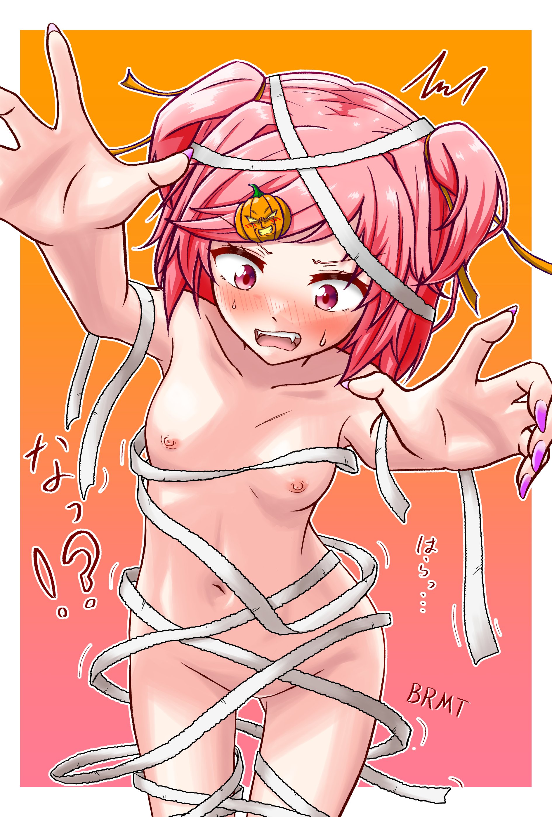 1girls, 5 fingers, almost naked, bandage, bandages, blush, breasts, brolymatsumoto (artist), clothes falling off, collarbone, cowboy shot, doki doki literature club, embarrassed, embarrassed female, embarrassed naked female, embarrassed nude female, enf, female, female focus, female only, fingernails, hair ornament, mummy costume, mummy wrappings, nail polish, naked, naked female, natsuki (doki doki literature club), navel, navel line, nipples, nude, nude female, nudist, petite, petite body, pink eyes, pink fingernails, pink hair, pink nails, small breasts, sweat, sweatdrop, thigh gap, thighs, wardrobe malfunction