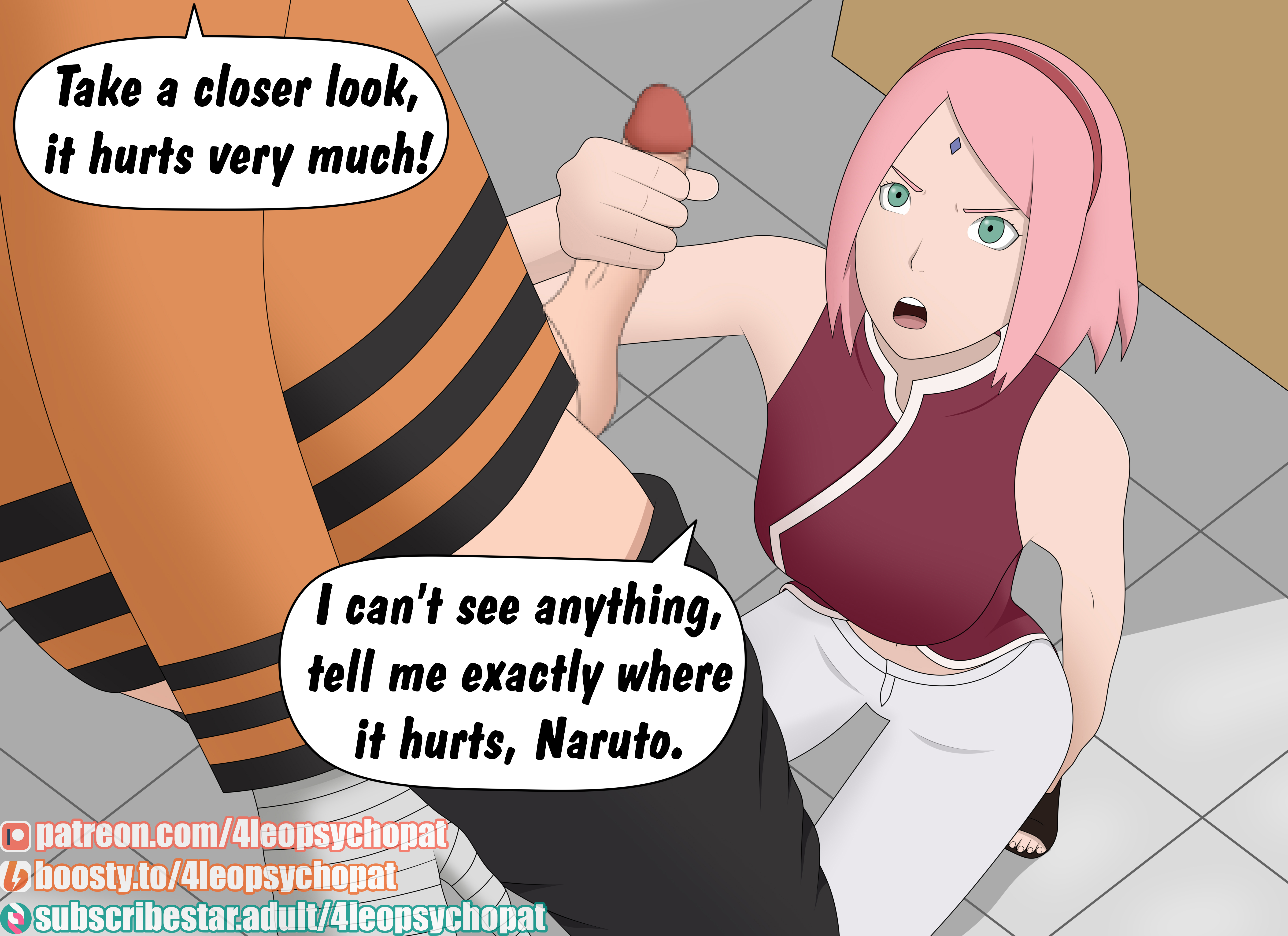 1boy, 1girls, 4leopsychopat, bandaged arm, bandages, boruto: naruto next generations, cheating, cheating husband, clothed sex, clothing, dialogue, dress, english text, erect penis, erection, female, female focus, green eyes, handjob, holding penis, human, jacket, kneeling, long hair, male, male/female, naruto, naruto (series), netorare, ntr, pants, penis, penis grab, pink hair, sakura haruno, speech bubble, standing, straight, talking, talking to another, talking to partner, tekoki, text, unseen male face, uzumaki naruto