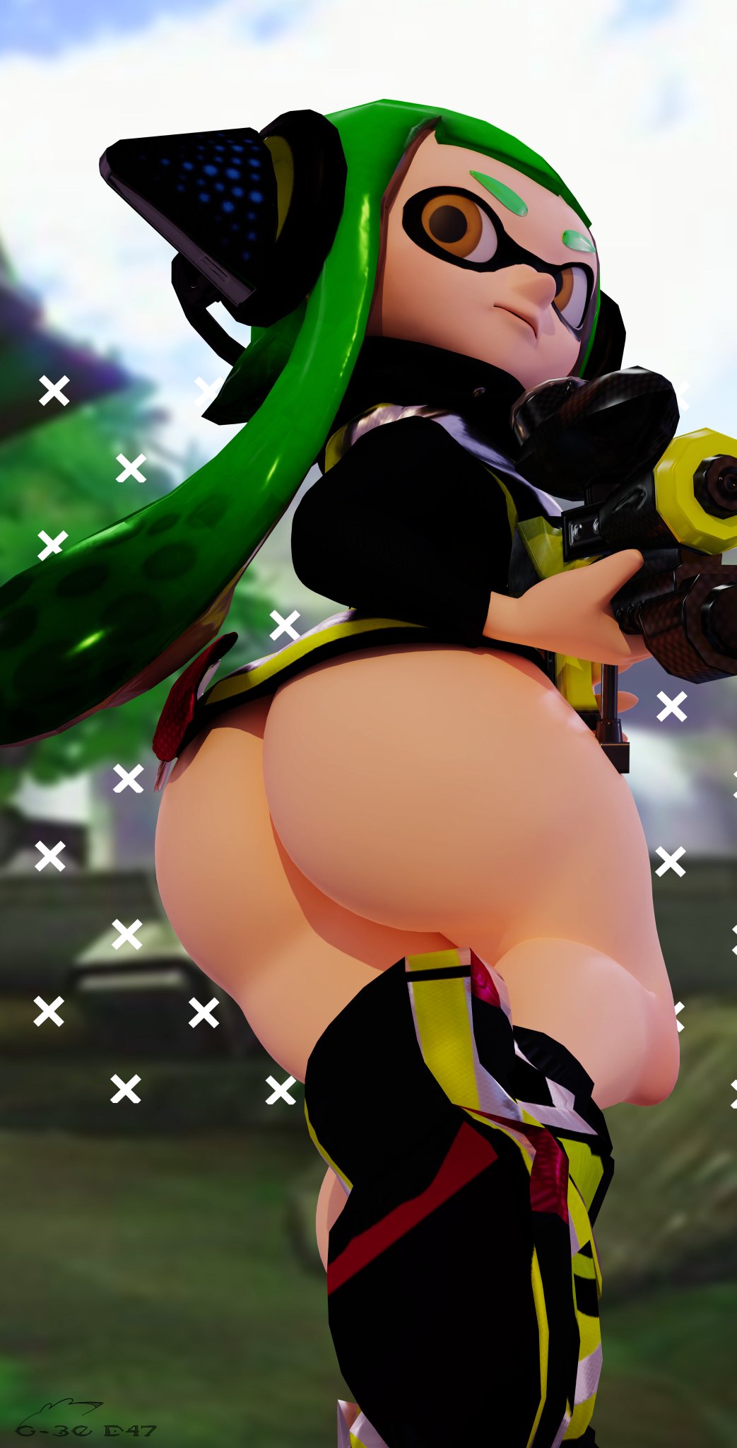 3d, agent 3 (splatoon), ass, ass focus, big ass, big butt, bottomless, bubble ass, bubble butt, clothed, female, female only, geodat64, green hair, huge ass, inkling, inkling girl, nintendo, no underwear, orange eyes, revealing clothes, splatoon, splatoon (series), splatoon 2, splatoon: octo valley, teasing, tentacle hair, topwear, underass
