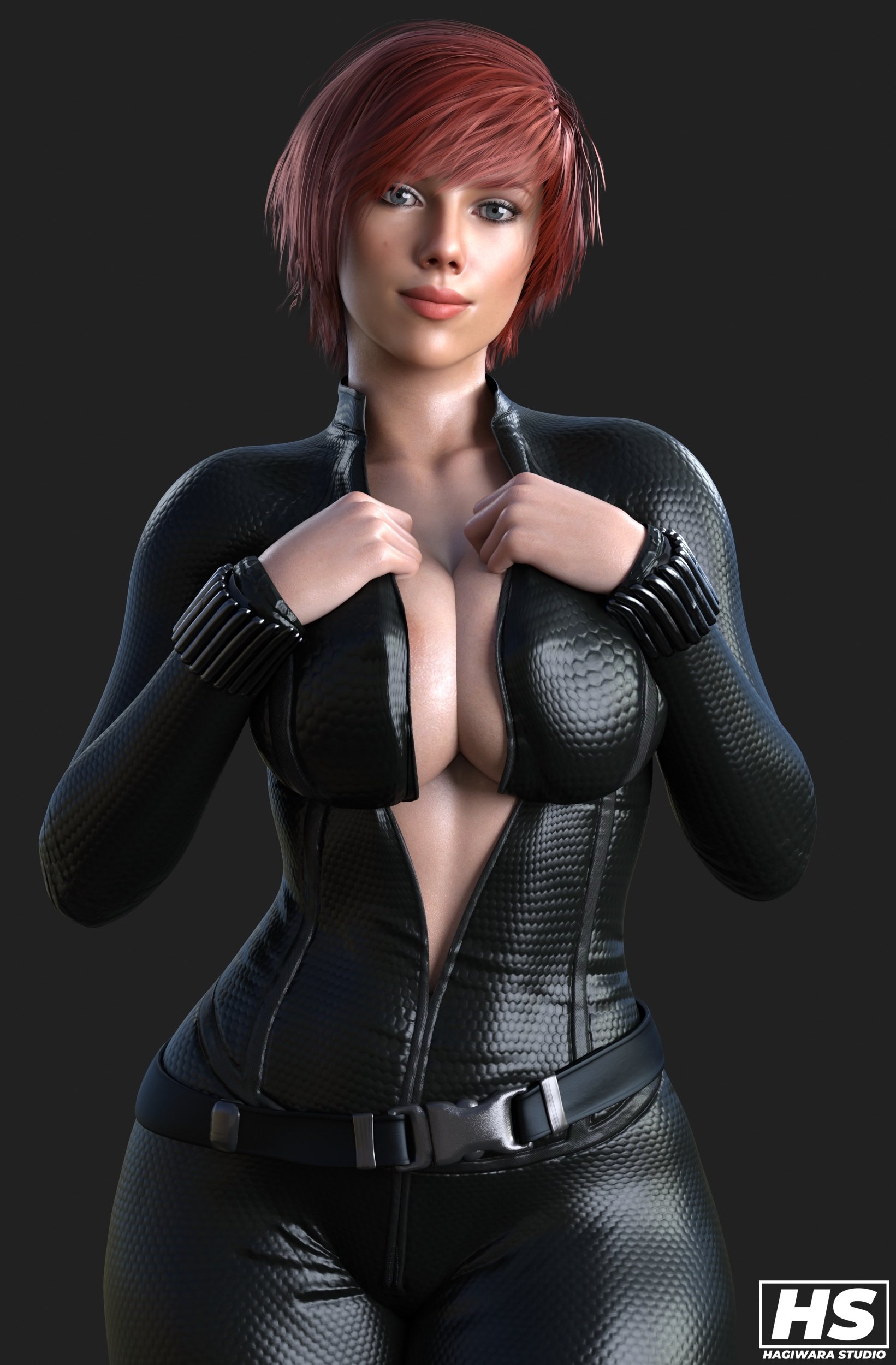 1girls, 3d, alternate hairstyle, ass, avengers, big ass, big breasts, big butt, black widow (marvel), bodysuit, breasts, breasts bigger than head, busty, cleavage, female, female only, fit, fit female, hagiwara studio, hourglass figure, human, human only, large breasts, light skin, light-skinned female, marvel, marvel cinematic universe, marvel comics, natasha romanoff, red hair, scarlett johansson, short hair, solo, solo female, thick, thick ass, thick thighs, unzipped, unzipped bodysuit, voluptuous, wide hips, wristwear, zipper