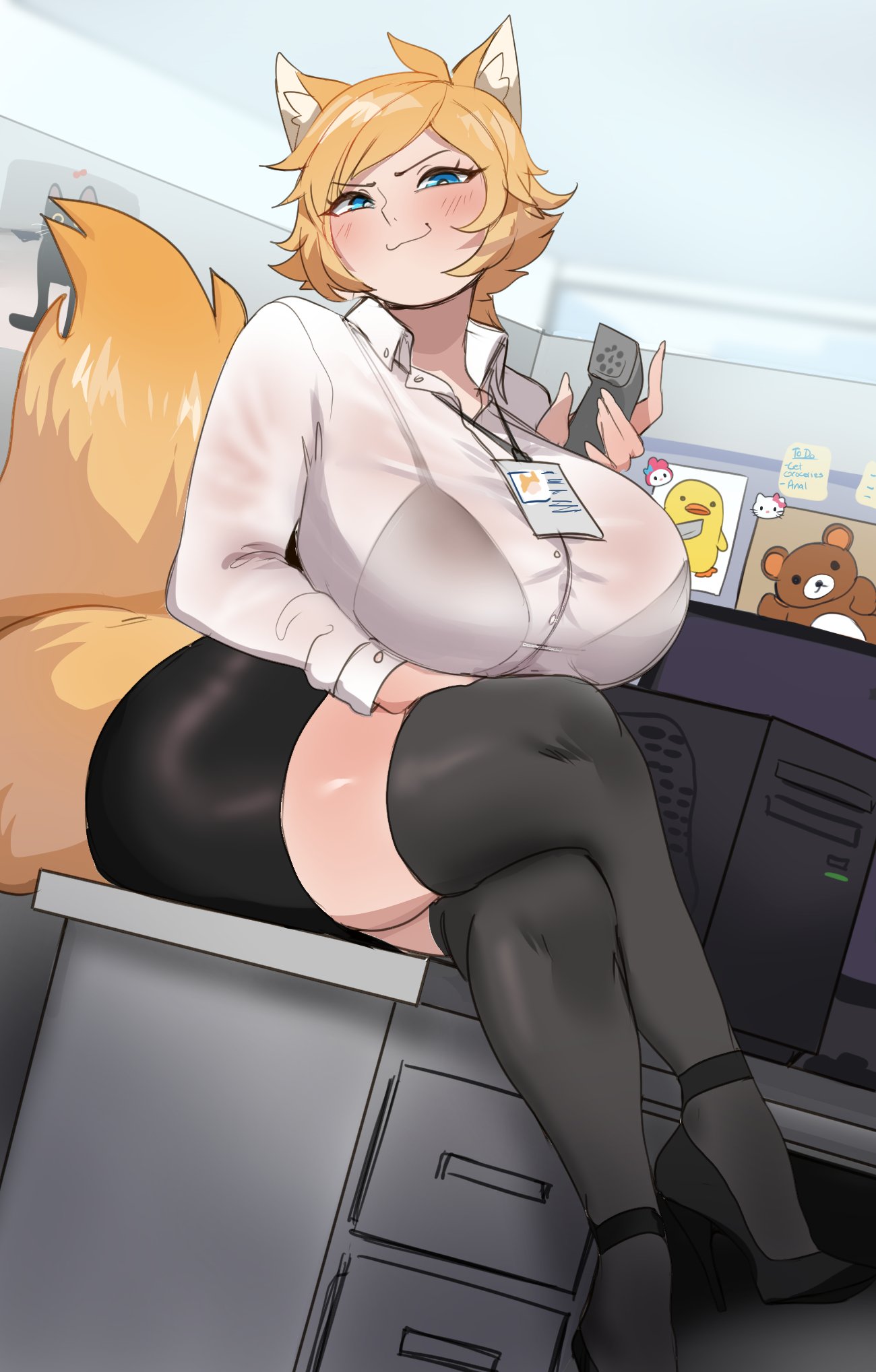 1girls :3 big_breasts black_thighhighs blonde_hair blue_eyes blush clothing crossed_legs female female_only fox_ears fox_girl fox_tail heels hi_res id_card lanyard light-skinned_female light_skin lightsource looking_at_viewer narrowed_eyes neckwear office office_lady original pale_skin perrin_(perrincatte) see-through see-through_clothing sitting smiling smiling_at_viewer smug solo thick_thighs thighhighs