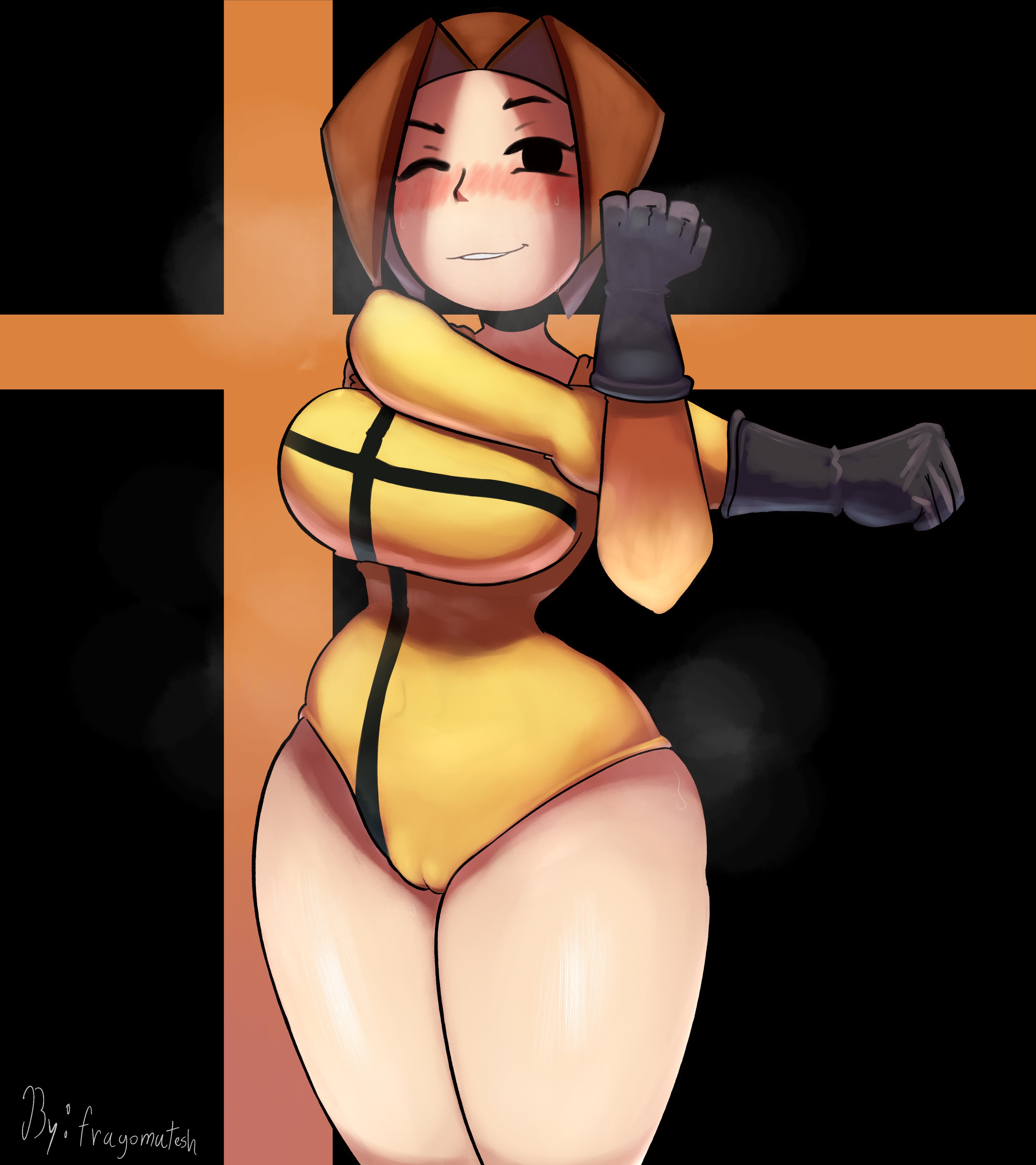 1girls, blush, breasts, brown hair, cameltoe, cowboy shot, dot eyes, female, fragomatesh, gloves, grin, huge breasts, legs, looking at viewer, medium hair, mii, mii gunner, mii gunner (smash 4), mob face, nintendo, one eye closed, one-piece swimsuit, orange clothing, parted hair, pussy, shiny, shiny skin, skin tight, smash logo, solid circle eyes, standing, steamy breath, stretching, super smash bros., super smash bros. for nintendo 3ds and wii u, super smash bros. ultimate, sweatdrop, swimsuit
