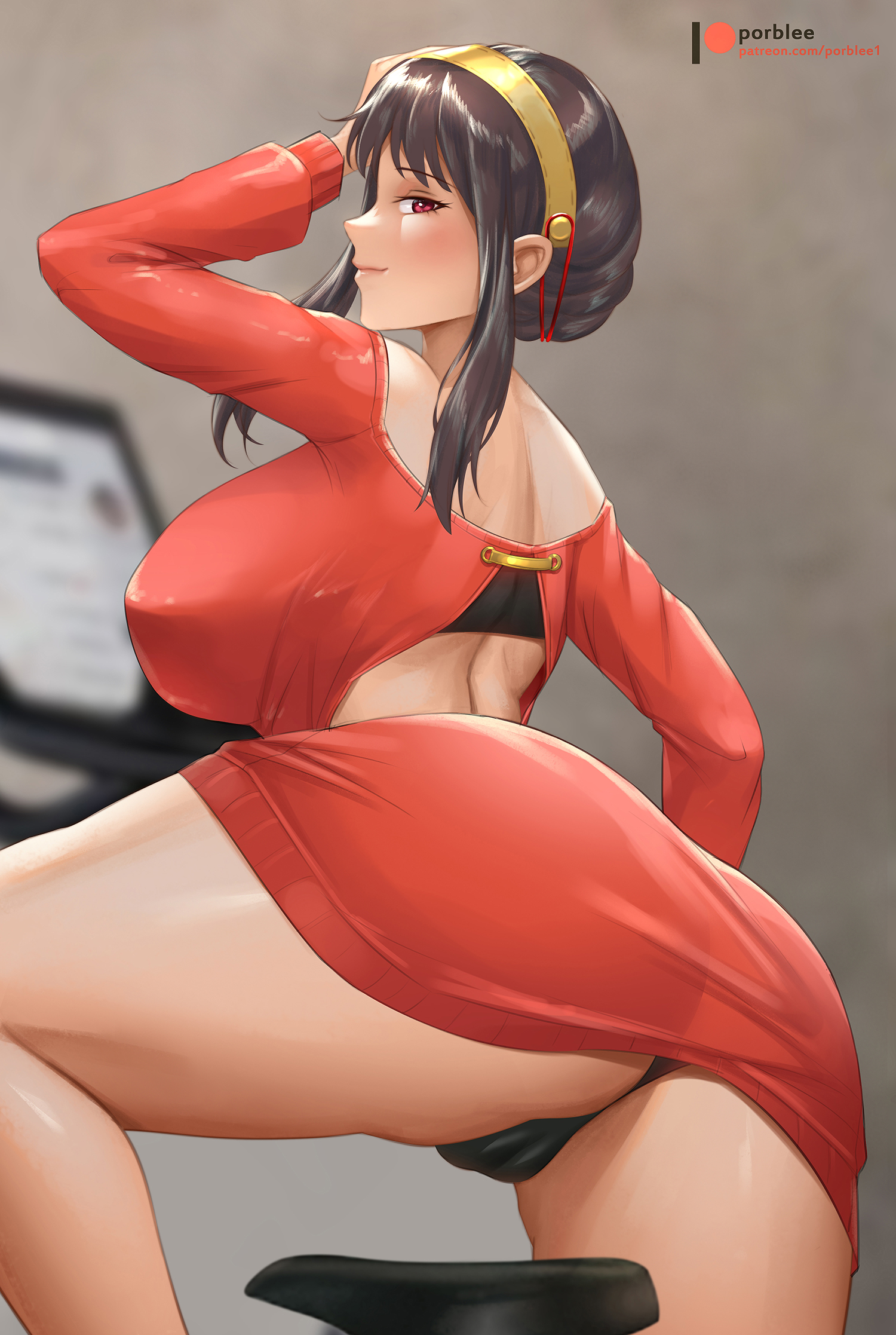 1girls, ass, back, back view, backless outfit, black hair, blush, breasts, female, huge ass, large breasts, light skin, light-skinned female, long hair, looking at viewer, microskirt, milf, patreon username, porblee, red eyes, red sweater, skirt, smile, spy x family, thick thighs, thighs, yor briar, yor forger