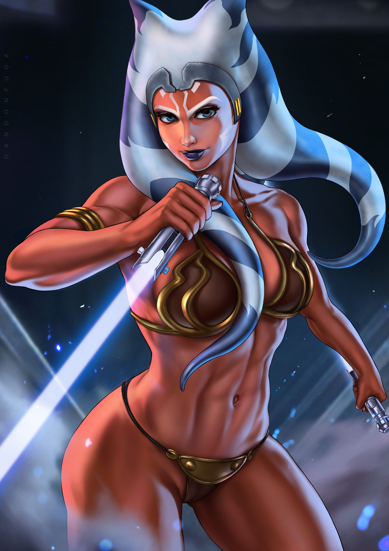 1girls abs absurd_res ahsoka_tano alien alien_girl areolae ass big_ass big_breasts bikini blue_eyes blue_lightsaber breasts clone_wars dandon_fuga female female_only lightsaber looking_at_viewer orange_skin partially_clothed slave_ahsoka slave_bikini slave_leia_(cosplay) solo star_wars the_clone_wars:_season_seven thick_thighs togruta