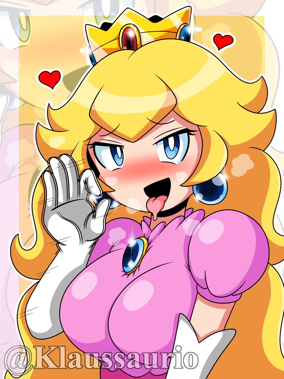 1girls, artist name, bedroom eyes, big breasts, blonde hair, blowjob gesture, blue eyes, breasts, clothing, earrings, fellatio gesture, female, female only, fully clothed, gloves, heart, human, klaussaurio, light skin, light-skinned female, looking at viewer, mario (series), no visible genitalia, noseless, princess peach, solo, suggestive gesture, suggestive look, suggestive pose, tongue, tongue out, visible breath
