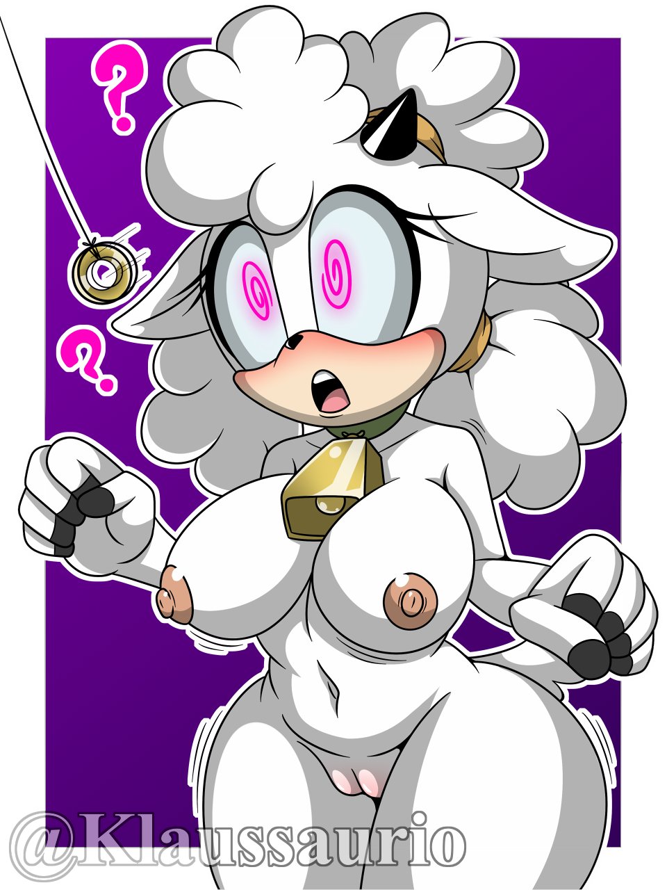 1girls, 2d, big breasts, breasts, cowbell, female, female only, hypnosis, hypnotic eyes, hypnotized, hypnotized female, idw comics, idw publishing, klaussaurio, lanolin the sheep, mobian, mobian (species), mobian sheep, nude, nude female, pendulum, pendulum swinging, sega, sheep ears, sheep girl, sheep horns, sonic (series), sonic the hedgehog (comics), sonic the hedgehog (idw), sonic the hedgehog (series), tagme, white fur, wide hips