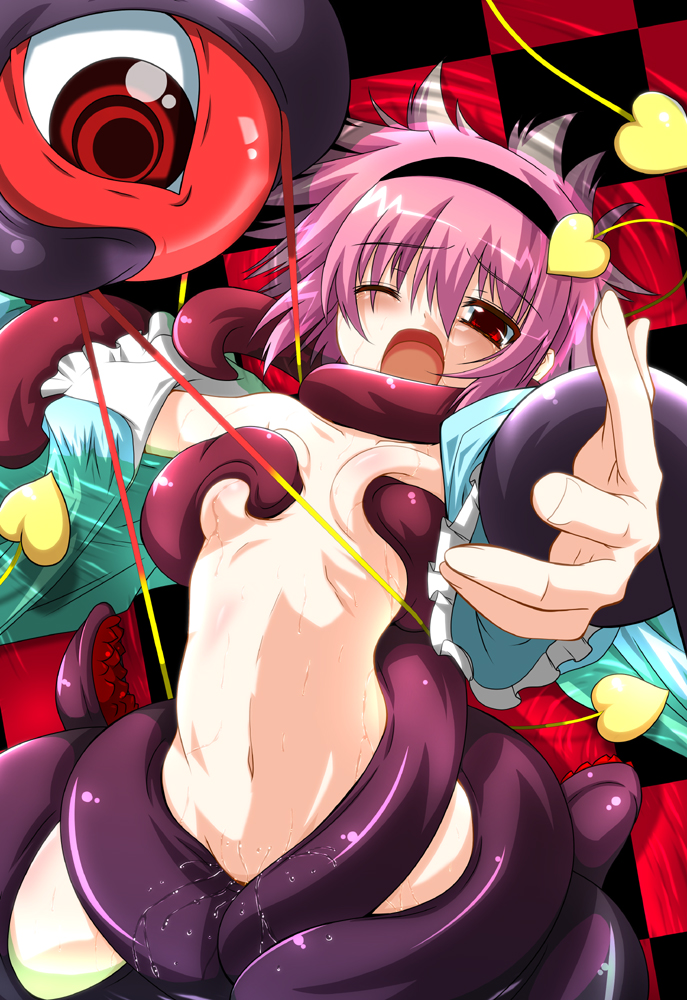 1girls breast_squeeze breasts clothed_rape female flat_chest foreshortening fumihiro hairband lying navel nipples nude on_back open_mouth pink_hair purple_eyes pussy_juice rape satori_komeiji short_hair solo tentacle tentacle_rape touhou wet