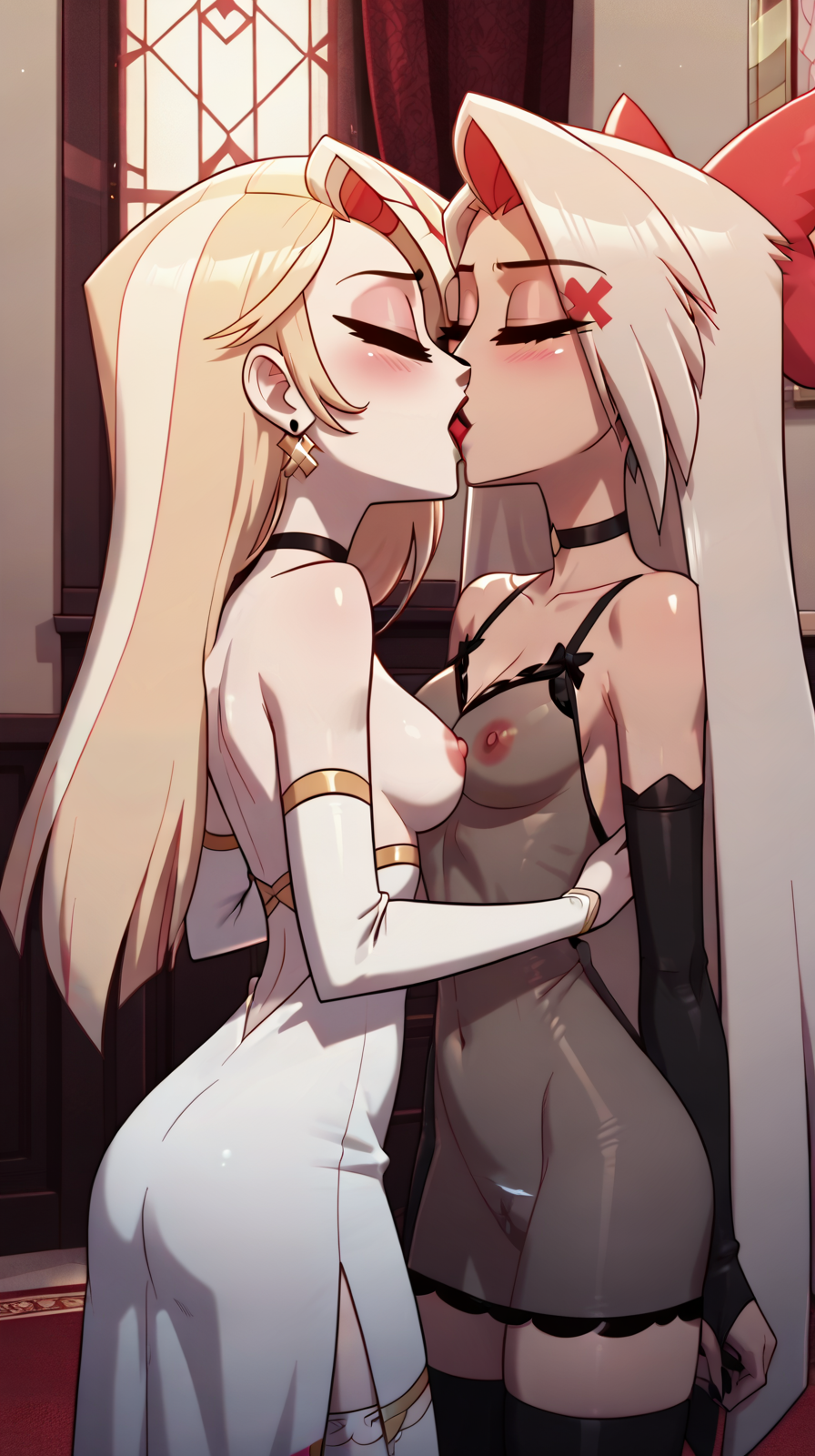 2girls ai_generated ass bare_breasts blonde_hair blush bridal_gauntlets charlie_morningstar choker closed_eyes colored_skin dark_skin deep_kiss deep_kissing detached_sleeves earrings gehenna_fusion(model) hairbow hazbin_hotel holding_waist hotel indoors kissing lesbian lesbian_kiss long_hair marusame nipples pubic_hair pussy see-through_clothing see-through_dress shiny_skin stable_diffusion thighhighs vaggie white_skin yuri