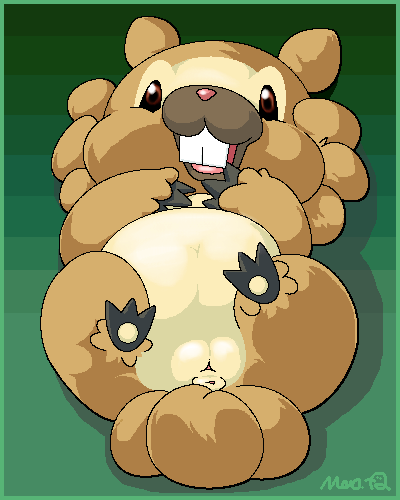 aliasing anus beaver bidoof brown_eyes buckteeth female feral looking_at_viewer moroq on_back paws pokemon pussy rodent smile solo tail