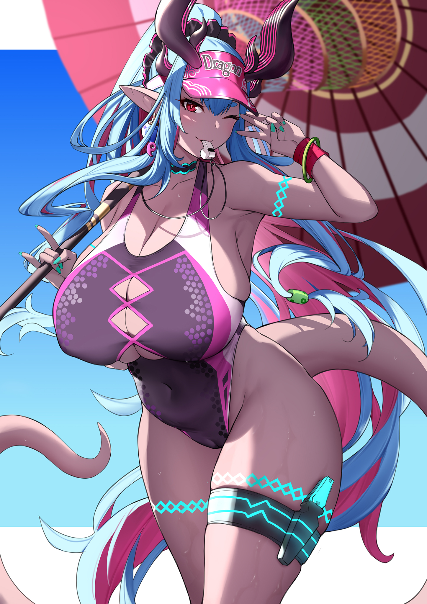 breasts, cameltoe, fate (series), fate/grand order, fei er, female, female only, horns, huge breasts, ibuki douji (fate), ibuki douji (swimsuit berserker) (fate), one-piece swimsuit, oni, pussy, solo, solo female, swimsuit, thigh strap, thighs