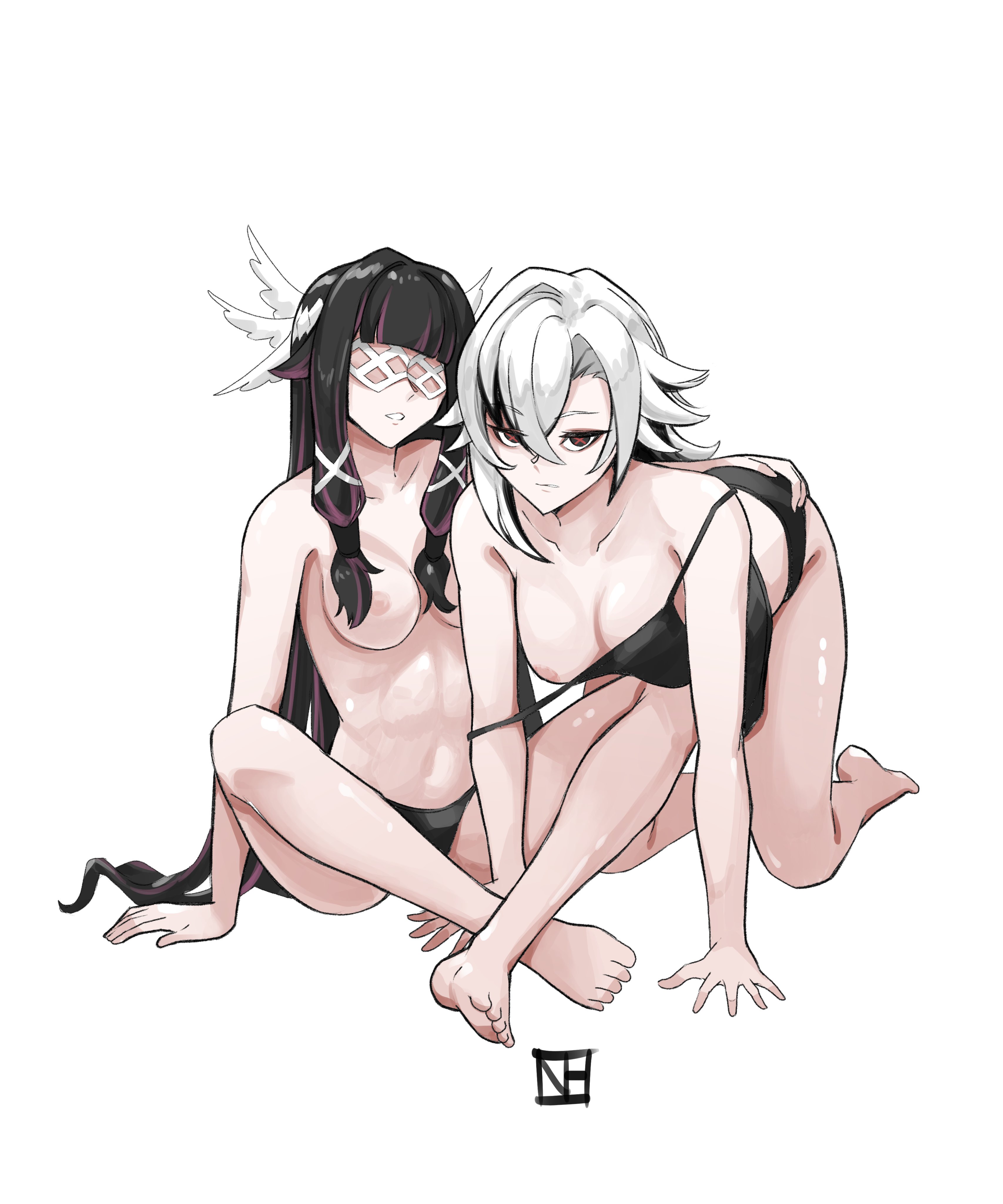 2girls, arlecchino (genshin impact), black hair, clothing, columbina (genshin impact), fatui, female, female only, genshin impact, long hair, multiple females, multiple girls, nude, nude female, short hair, twintails, underwear, white hair
