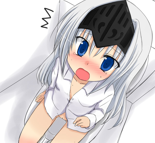 armor blue_eyes blush bottomless dress_shirt embarrassed eucliwood_hellscythe flat_chest from_above kazami_ruku kore_wa_zombie_desu_ka? long_hair looking_up naked_shirt no_panties open_mouth oral pussy shirt silver_hair sitting tears toilet toilet_use visor_(armor)