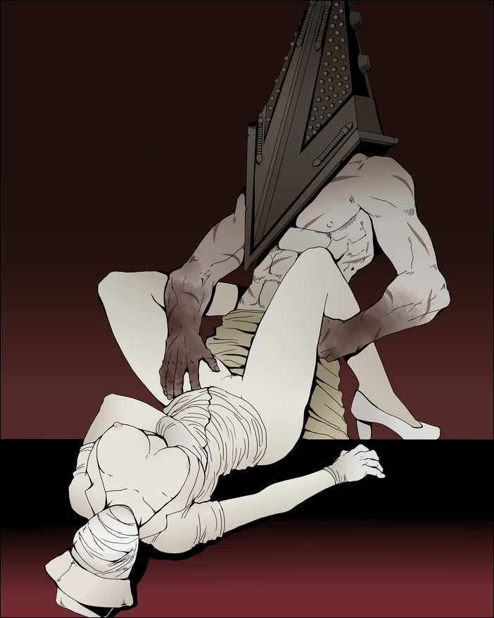 1boy, 1girls, 2d, breasts, cleavage, cosplay, female, gloves, grey skin, hat, helmet, high heels, konami, lying, male, male/female, monster, monster girl, muscles, muscular, nipple slip, nipples, nurse, nurse (silent hill), nurse cap, nurse uniform, pussy, pyramid head, shiemasu, silent hill, silent hill (film), silent hill homecoming, straight, uniform