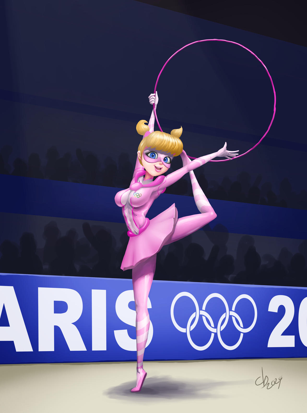 athletic_female blonde_hair blue_eyes bodysuit breasts chouboy contortion contortionist cute exibitionism flexible france fringe huge_breasts hula_hoop lipstick looking_at_viewer miraculous_ladybug olympics open_mouth paris paris_2024 pink_bodysuit rose_lavillant skirt twintails