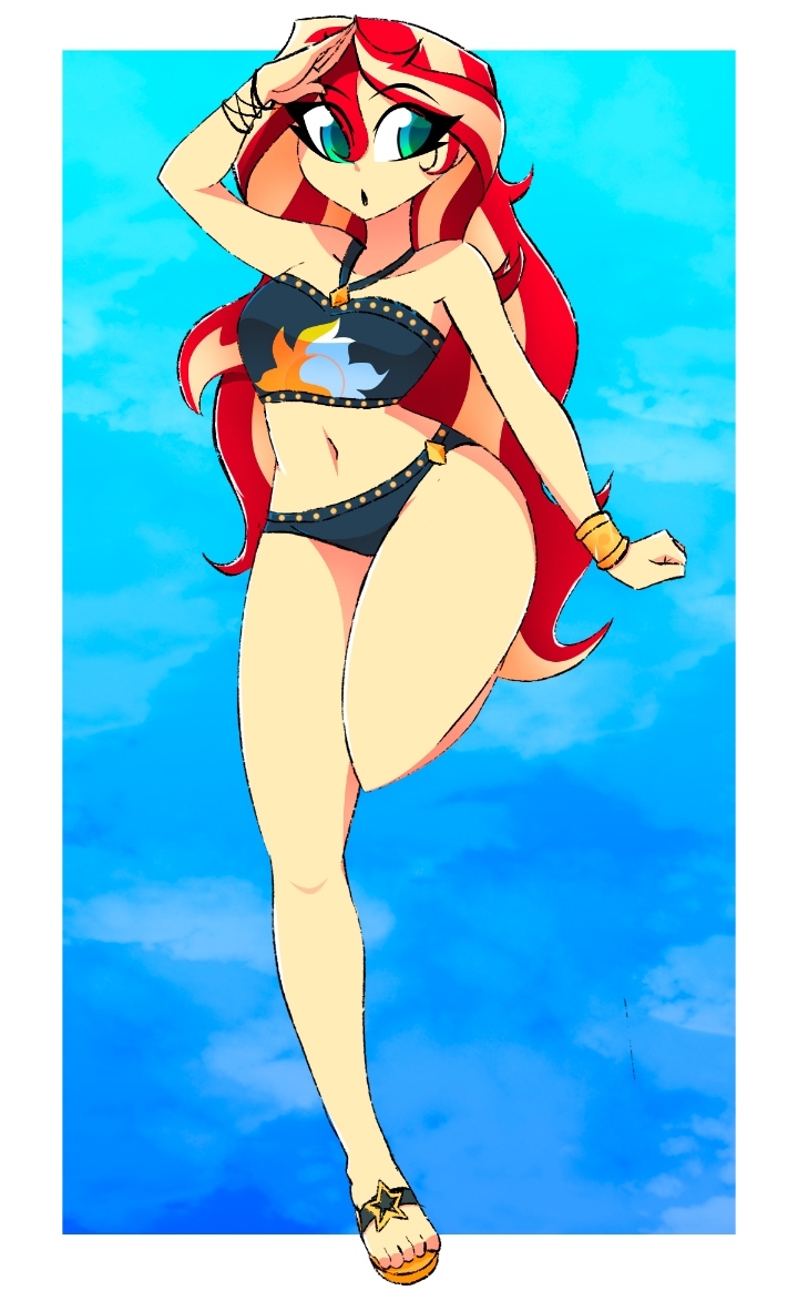 1girls 2022 bikini black_bikini black_bra black_clothing black_panties blue_background bracelet curvy equestria_girls female female_only friendship_is_magic hasbro high_resolution highres my_little_pony red_and_yellow_hair sandals solo solo_female sunset_shimmer thick_thighs twitter_link two-piece_swimsuit two_piece_swimsuit two_tone_hair wide_hips xan-gelx(xan)