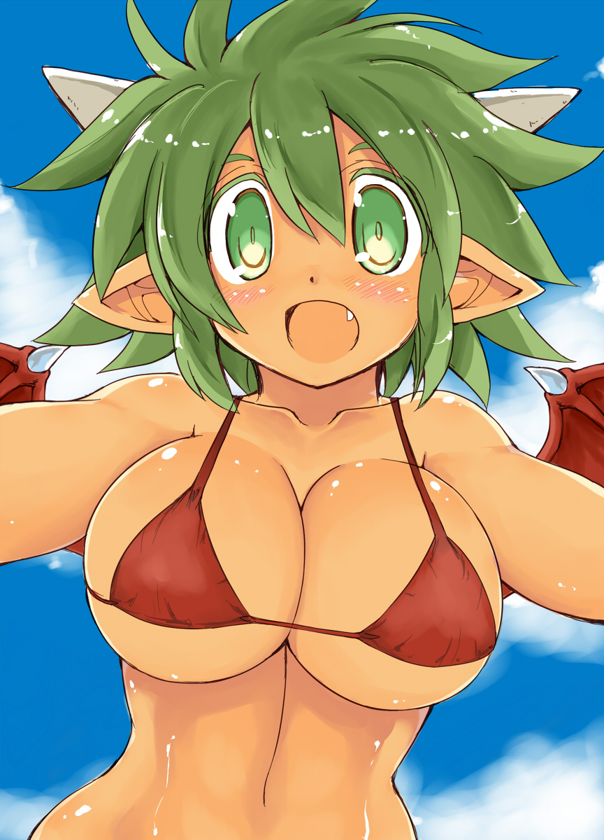 1girls arms_outstretched big_breasts blue_sky blush cleavage clouds collarbone cute_fang draco_centauros dragon_girl dragon_horns dragon_wings eye_contact green_eyebrows green_eyelashes green_eyes green_hair green_pupils highres horned_wings hourglass_figure large_breasts madou_monogatari messy_hair micro_bikini navel open_mouth pointy_ears puyo_puyo red_bikini red_bikini_top red_wings sakaki_(noi-gren) short_hair slim_waist swimsuit tanned_skin video_games white_horns wide_hips wings