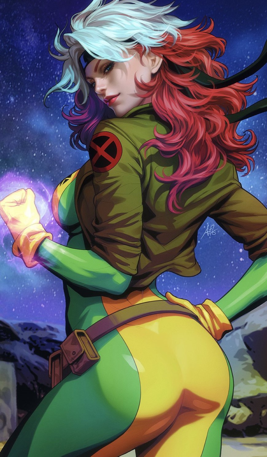 1girls artgerm ass ass_focus female female_only latex marvel marvel_comics rogue_(x-men) showing_ass solo standing_position stanley_lau x-men