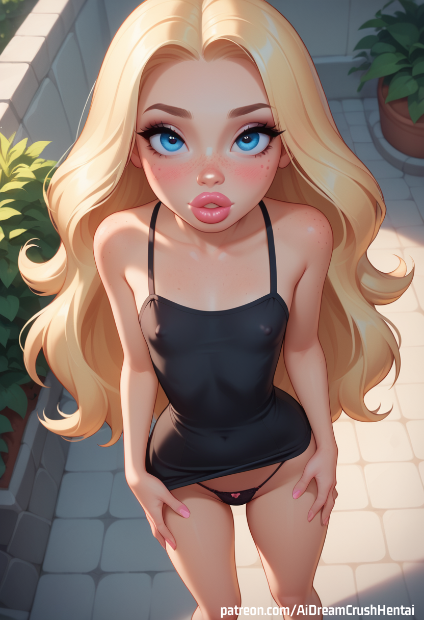 ai_generated aidreamcrush bimbo blonde_hair blush breasts bulge cute dress eyes female freckles hair lips seductive thong