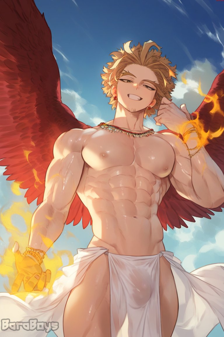 1boy abs ai_generated baraboys blonde_hair boku_no_hero_academia bulge cocky hawks_(my_hero_academia) loincloth looking_at_viewer looking_down looking_down_at_viewer low-angle_view male male_only muscle muscles muscular muscular_arms muscular_chest muscular_male muscular_thighs my_hero_academia nipples outdoors outside pecs pectorals pov pov_eye_contact smile smiling_at_viewer solo solo_male standing_over_viewer tagme topless