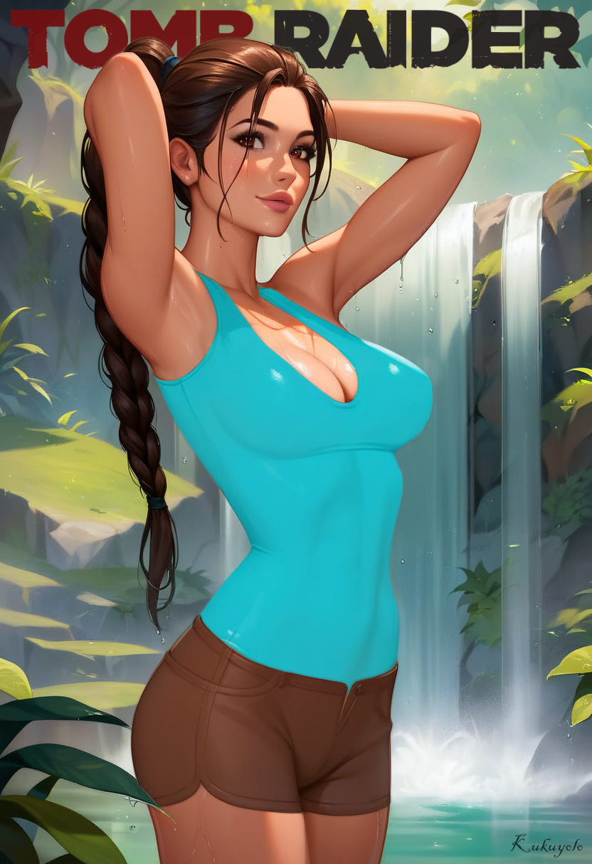 1girls abs ai_assisted ai_generated alternate_breast_size alternate_costume alternate_version_at_source alternate_version_available areola areolae big_breasts bikini bimbo braided_hair breasts brown_eyes brown_hair brown_shorts casual cleavage cover_page detailed detailed_background deviantart deviantart_username eye_contact fair-skinned_female fair_skin female female_focus female_only fit fit_female glistening hourglass_figure human interior kuku kukuyolo lara_croft lara_croft_(ai_generated) lara_croft_(classic) large_breasts light-skinned_female light_skin long_hair long_ponytail looking_at_viewer ponytail shower solo solo_female text title title_page tomb_raider voluptuous wet wet_body wet_skin