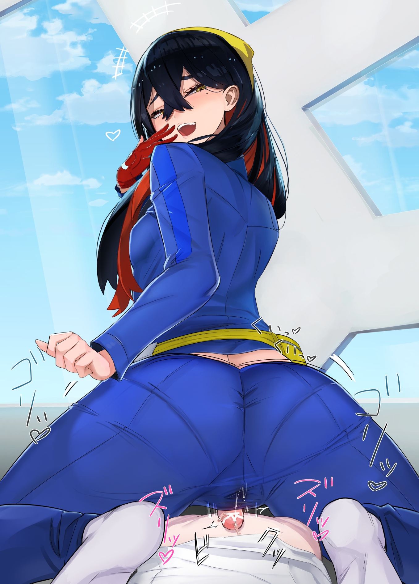 1boy, 1girls, artist request, ass, assjob, back view, buttjob, buttjob over clothes, carmine (pokemon), clothed, dominant female, female, female on top, male, pokemon, pokemon sv, submissive male