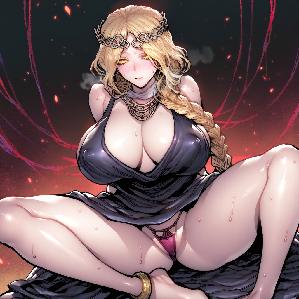 1girls, ai generated, big breasts, blonde hair, blonde-haired female, braid, breasts, commentary request, dress, elden ring, english commentary, female, female only, hi res, light skin, light-skinned female, milf, mixed-language commentary, queen marika the eternal, solo, solo female, spread legs, very high resolution