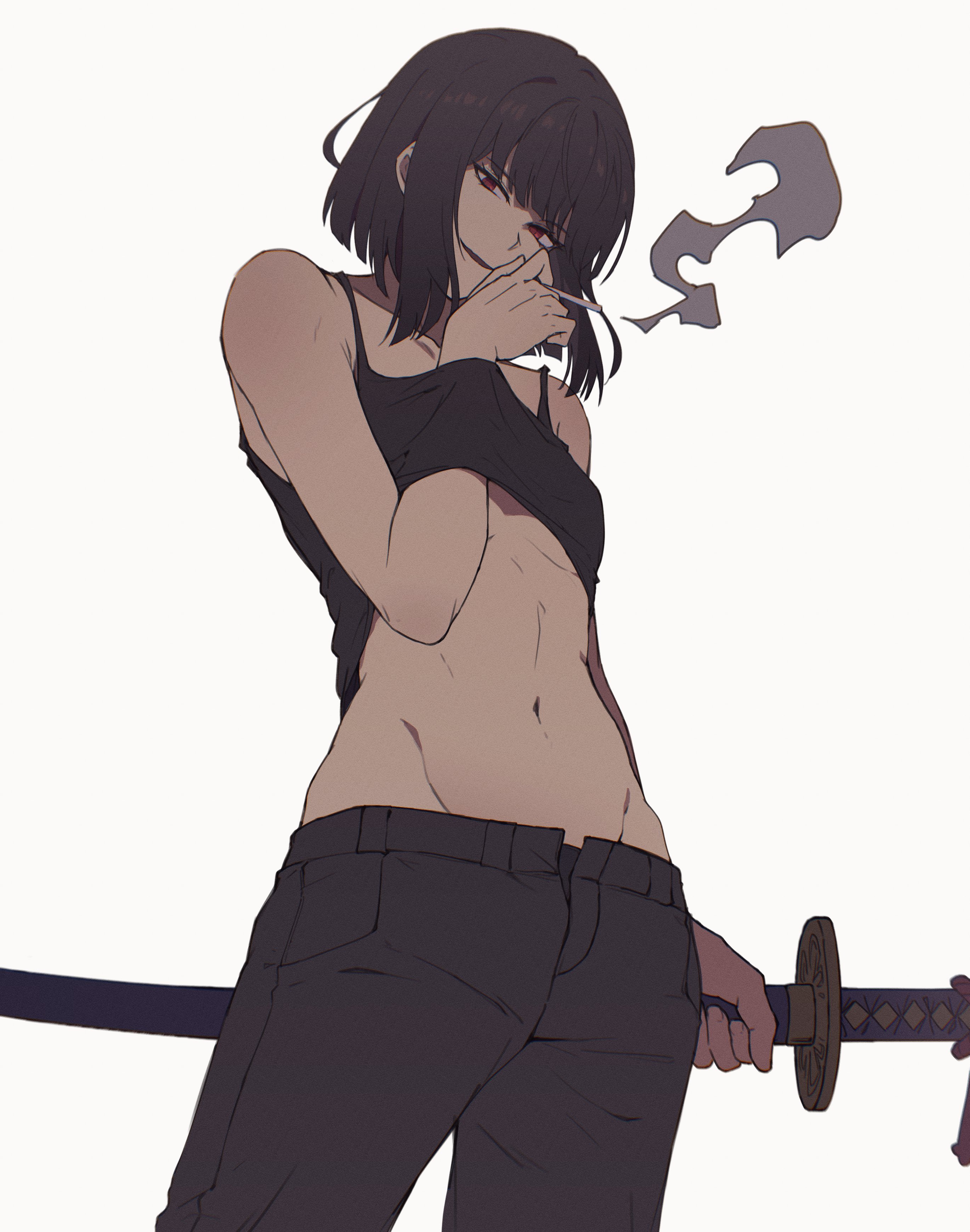 asian, asian female, black hair, female, holding object, holding sword, katana, limbus company, pelvic line, project moon, red eyes, ryoshu (limbus company), smoking, tagme, tank top
