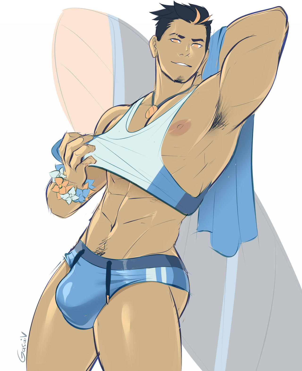 1boy abs arm_up armpit_hair armpits black_hair bulge cocky eyebrow_slits facial_hair flower_bracelet gasaiv gijinka goatee hand_behind_head looking_at_viewer male male_only muscular muscular_arms necklace nipples orange_hair pecs pokemon pokemon_rse pubic_hair shirt_lift smile smiling_at_viewer solo solo_male standing surfboard surfer swampert swimming_trunks swimwear tank_top tank_top_lift two_tone_hair