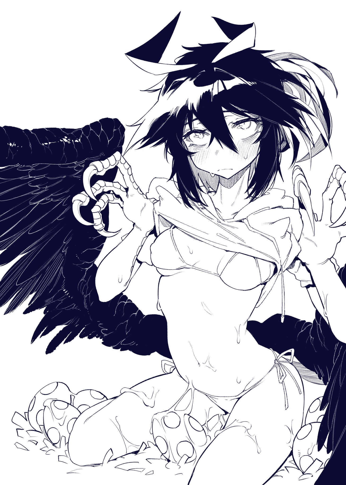 1girls, bags under eyes, bikini, black hair, breasts, claws, crow-chan (karasu raven), egg, female, hood, hoodie, karasu raven, looking at viewer, monochrome, monster, monster girl, panties, sitting, small breasts, wariza, wings