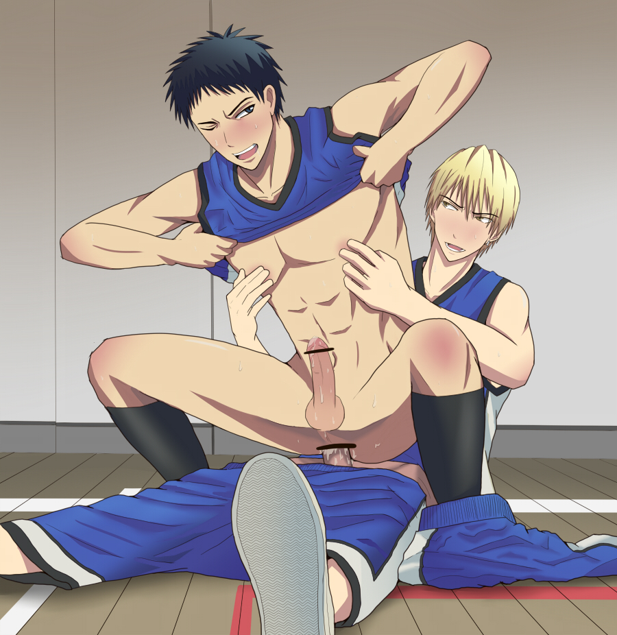 anal_penetration basketball_uniform black_hair blonde_hair censored cum cum_in_ass erection kasamatsu_yukio kuroko's_basketball kuroko_no_basuke nipple_play one_eye_closed pointless_censoring precum_drip ryota_kise shirt_lift shorts_around_one_leg shorts_down sitting_on_penis socks spread_legs sweat yaoi