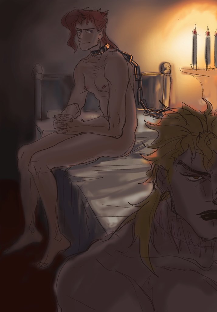 2boys blonde_hair collar dio_brando jojo's_bizarre_adventure male male_only no_visible_genitalia noriaki_kakyoin nude nude_male rachel24998484 red_hair stardust_crusaders submissive_male